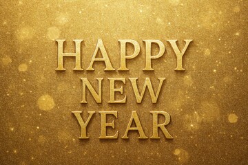 Elegant golden text happy new year illuminated against a glittering textured background with bokeh lights for celebration