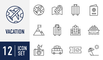 Fototapeta premium Vacation and Travel line icons set. depicting global flights, hotel stays, beach holidays, adventure, and luggage for your journey. Vector