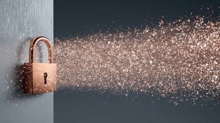 Padlock with sparkling particles flowing from the keyhole, data protection concept