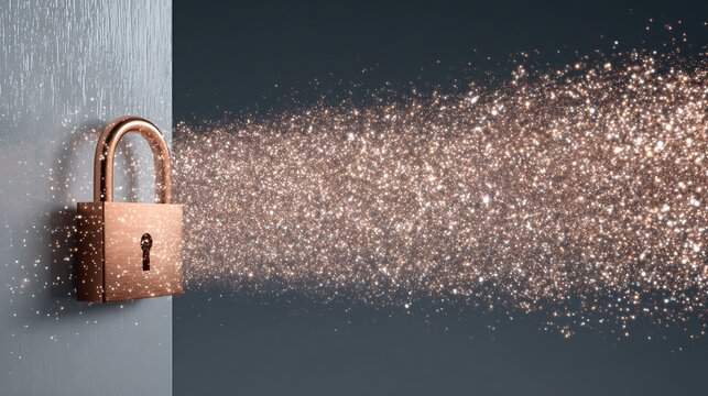 Padlock with sparkling particles flowing from the keyhole, data protection concept