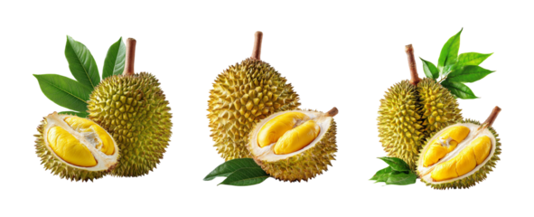 Three whole durian fruits with two cut in half revealing creamy yellow flesh and green leaves isolated on transparent background