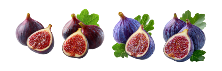 Fresh ripe purple figs whole and halved showing juicy red interior and green leaves isolated on transparent background