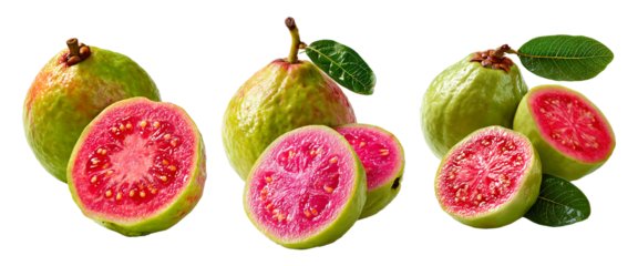 Three whole ripe pink guavas and three halves revealing their vibrant juicy flesh and seeds isolated on transparent background