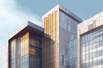 Modern building exterior displayed in a realistic illustration showcasing architectural design and contemporary materials under clear skies
