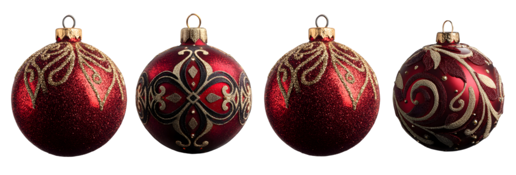 Four ornate red oval christmas ornaments with intricate gold detailing isolated on transparent background