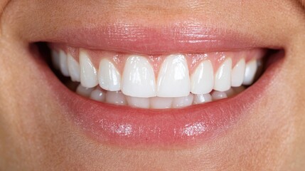 Obraz premium Bright white smile highlighting healthy teeth and gums captured in a close-up showcase of natural beauty and confidence in a casual setting