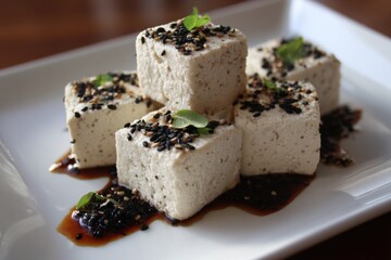 Cubed tofu garnished with black sesame seeds on a white plate at a culinary event showcasing innovative plant-based dishes