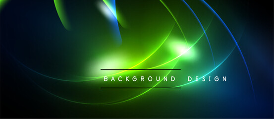 Abstract background features vibrant blue, green neon curves. Dynamic lighting creates futuristic visual effect. Simple text overlay present.