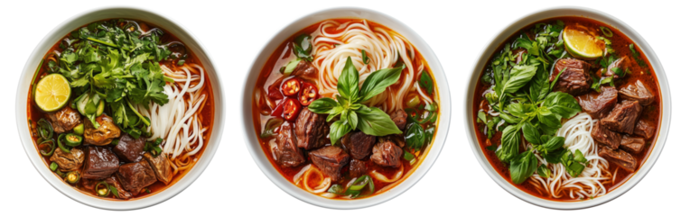 Vietnamese beef noodle soup Bun Bo Hue with herbs, lime slice, and rice noodles in broth isolated on white background