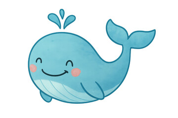 Naklejka premium Cute blue whale swimming and spouting water, happy watercolor illustration with cheerful expression, transparent background
