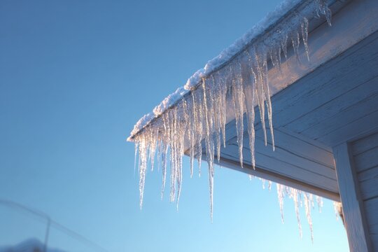 Icicles hanging from the edge of a rooftop under bright sunlight on a peaceful winter day create a serene atmosphere - Powered by Adobe