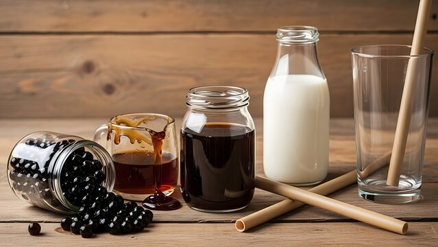 Ingredients for making bubble tea, including tapioca pearls, various syrups, milk, and bamboo straws, arranged on a rustic wooden surface.