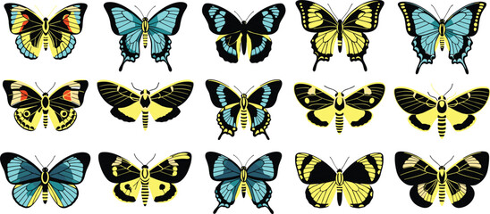 Fototapeta premium Collection of colorful butterfly and moth illustrations featuring detailed wings, symmetrical patterns, vibrant nature designs, hand-drawn insect artwork ideal for decorative creative projects