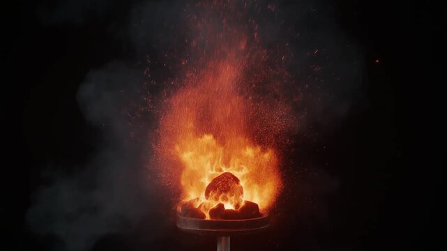 A burning skull on fire with smoke rising against a dark background