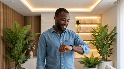 Happy African American man checking smartwatch in modern living room. Smiling male using wearable technology for smart home control