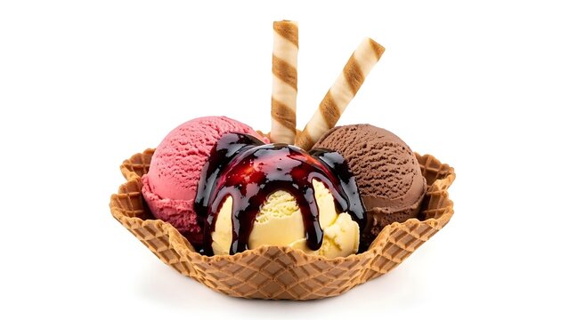 A waffle bowl filled with ice cream scoops, chocolate sauce, and two wafer sticks on a white background