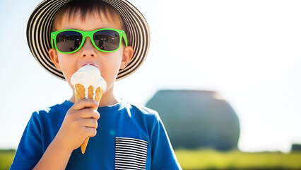 A young boy with green sunglasses and a striped hat eating an ice cream cone on a sunny day outdoors