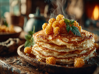 a stack of pancakes topped with fresh raspberries and powdered sugar, served on a wooden plate with a jar of honey in the background. The setting appears to be rustic and cozy, with a wooden table