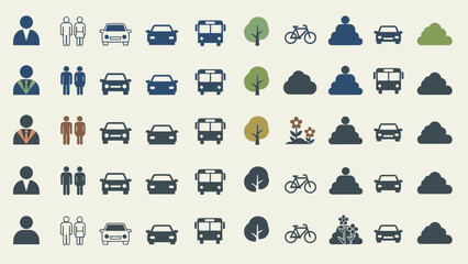 A collection of diverse flat design icons representing people, vehicles, and nature elements in various color schemes.