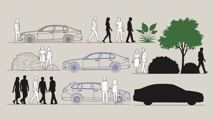 Collection of diverse people, cars, and plants in various styles for architectural and urban design renderings.