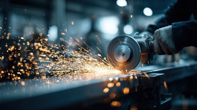 Grinding machine in use for fabricating piping in a busy workshop during the day, showcasing sparks flying from the metal workpiece