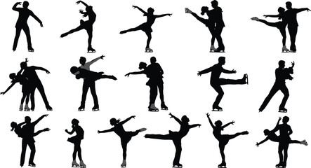 Collection of figure skating couple silhouettes performing elegant ice dance poses, perfect for sports design, winter activity illustrations, choreography concepts, and dynamic athletic artwork