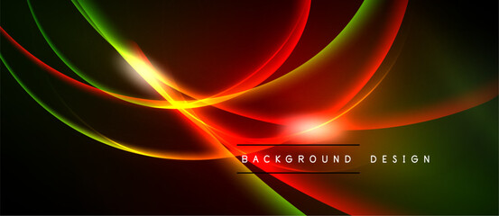 Dynamic abstract lines create vibrant energy. Red, green, yellow hues blend, forming flowing shapes against dark backdrop. Modern design element.