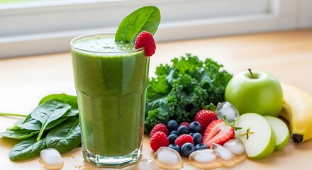 Green smoothie with fresh berries, spinach, and kale on a table.