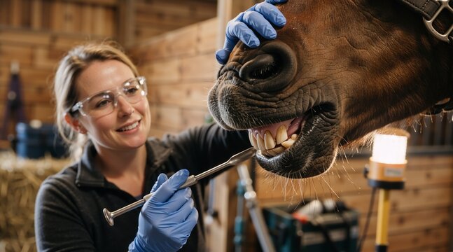 A smiling female veterinarian performs a dental examination on a horse in a stable. Professional equine dentist checking an animal's teeth with a medical instrument