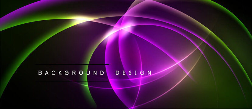 Abstract neon lines create flowing shapes. Vibrant green, purple hues dominate dark background. Modern design element.