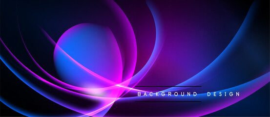 Abstract flowing shapes, vibrant blues, purples, pinks. Dynamic composition creates modern background design. Smooth gradients, elegant curves.