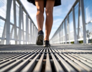 A person's legs walking on a modern metal grate bridge under a clear blue sky demonstrating