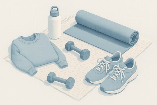 Essential fitness equipment layout featuring a blue sweatshirt, exercise mat, dumbbells, and running shoes arranged harmoniously to inspire a healthy lifestyle and physical well being