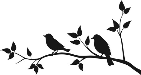 A simple black silhouette depicting birds perched on a leafy branch design