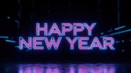 Vibrant neon lights spell out happy new year with a futuristic glow and reflective surface