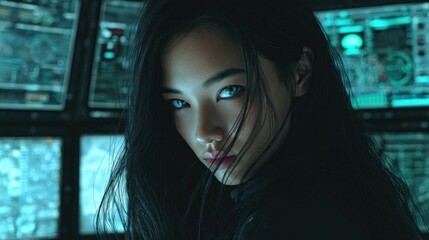 Woman with striking eyes in front of digital screens with technology