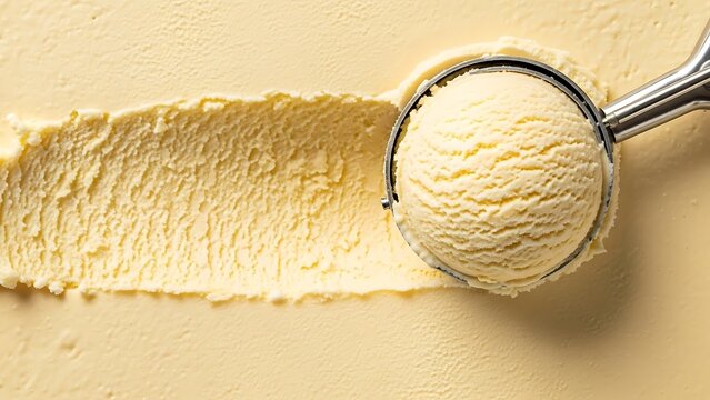 Close up of a vanilla ice cream scoop with a metal scooper on a background of vanilla ice cream