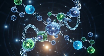 Complex molecular structure with glowing spheres connected by metallic rods.