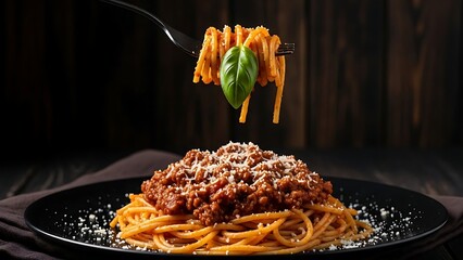 Close up shot of spaghetti bolognese on a black plate with a fork holding some pasta above it