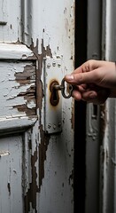 Hand turns an old key in a weathered door lock.