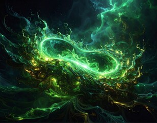 Obraz premium Swirling, luminous emerald energy against a deep, dark backdrop