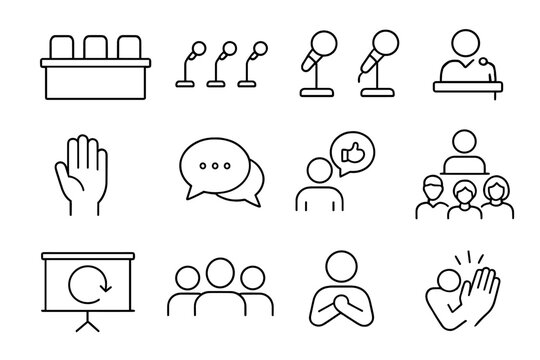 Icons opinion icon discussion table vector audience view chairs panel nameplates microphone