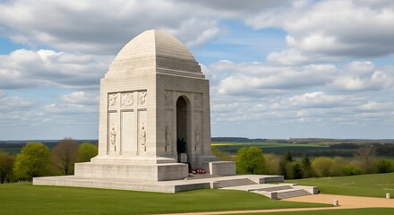 Large stone monument stands on a green hill under a cloudy sky.