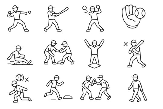 Bat icon swing hit out baseball home vector throw set glove strikeout