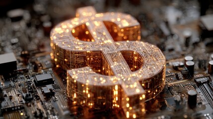 Modern digital dollar symbol illuminated on a circuit board background signifies technology in finance