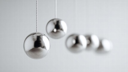Shiny metal spheres suspended in a row against a soft gray background.