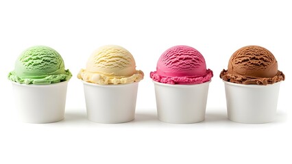 Four ice cream scoops in white paper cups lined up against a white background in a studio shot