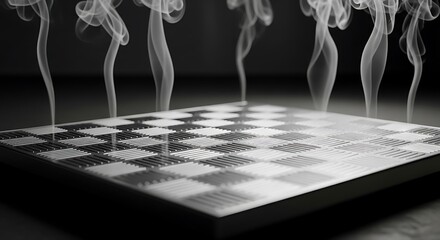 Smoke rises from a modern checkerboard on a dark background.