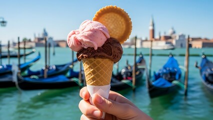 Hand holding ice cream cone with two scoops in venice with gondolas in the background on a sunny day
