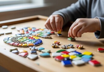Child's hands create a mosaic artwork with colorful tiles on a wooden table.
